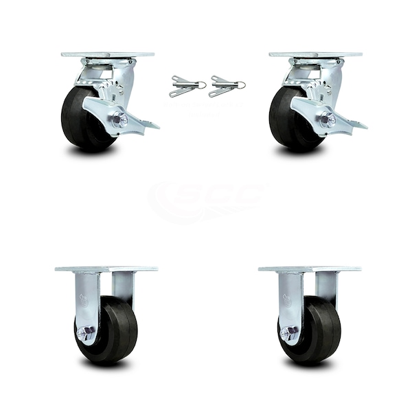4 Inch Rubber on Steel Caster Set with 2 Brakes/Swivel Lock 2 Rigid SCC